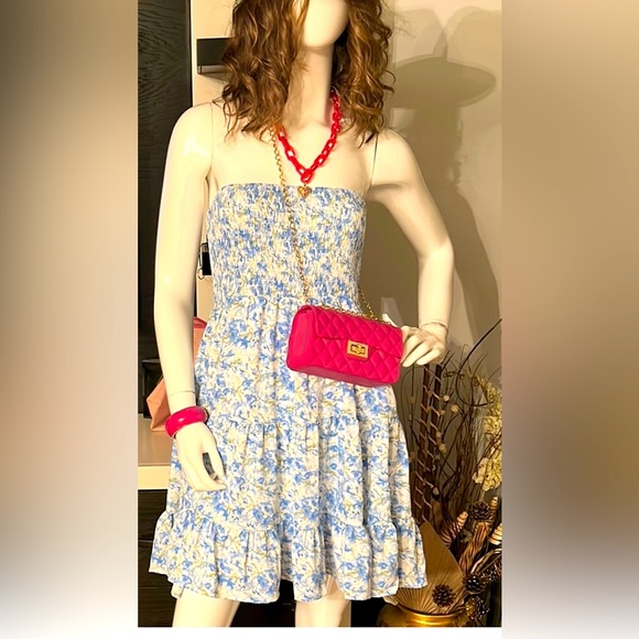 Dresses & Skirts - Blue Floral Strapless Dress with Pink Accessories. Girl next door look!!
